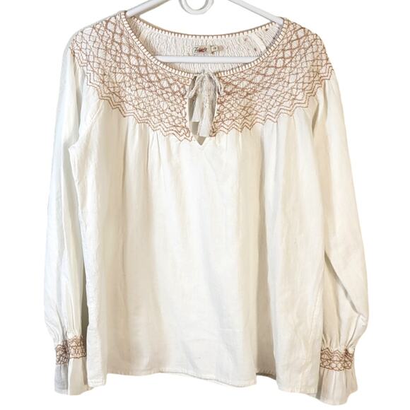 Faherty Blouse Women's S Laura Organic Cotton Boho Peasant Embroidered Smocked - Picture 1 of 10